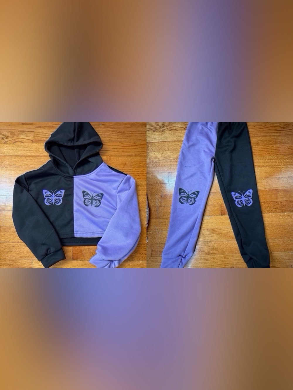 SHEIN Two Tone Purple and Black Butterfly Print Hoodie and Sweatpants Set Sz 8